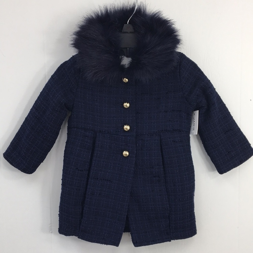 Janie+Jack Girls Navy Blue Dress Coat With Faux Fur Collar Size 6-12m NWT
